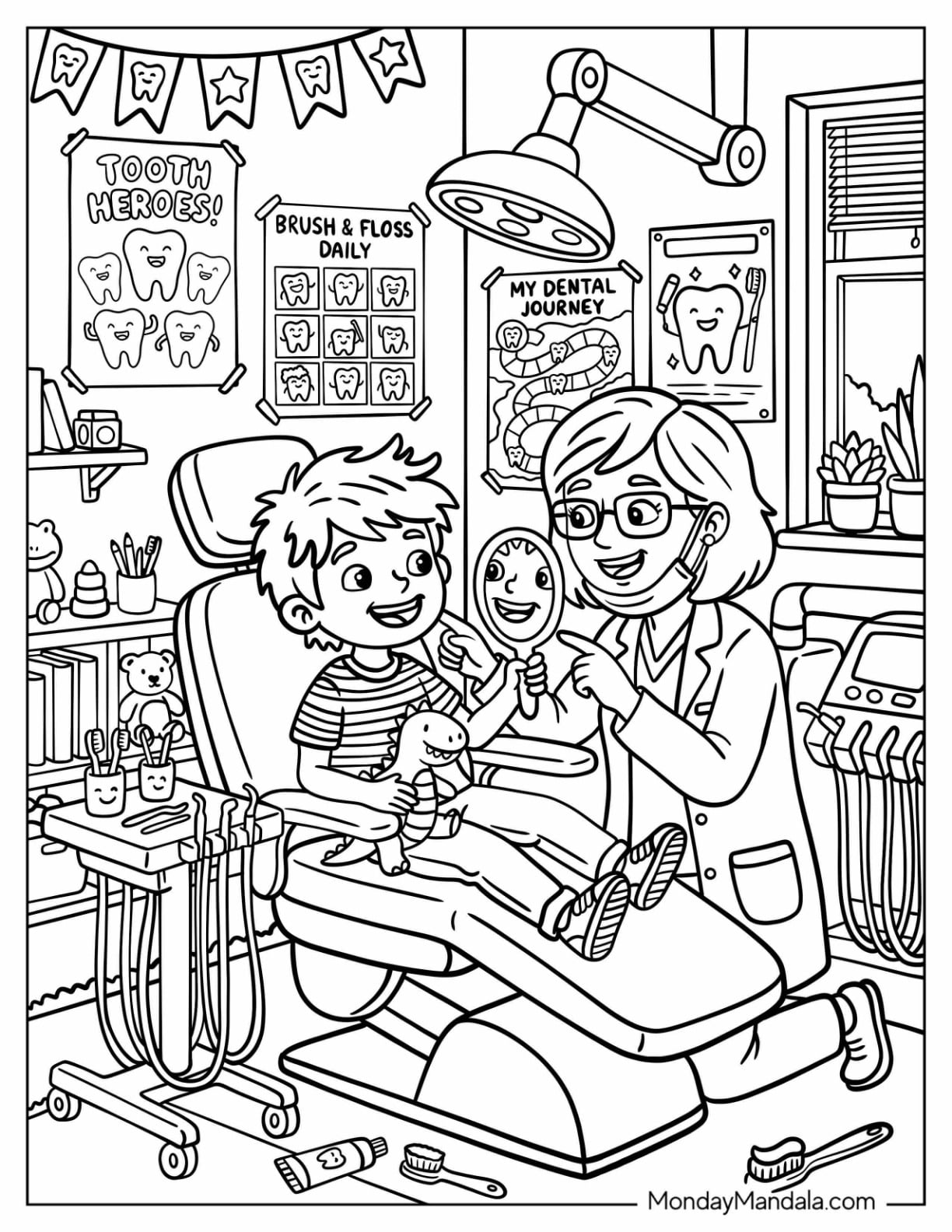 Dentist Examining a Child in a Dental Office Coloring Sheet for Kids