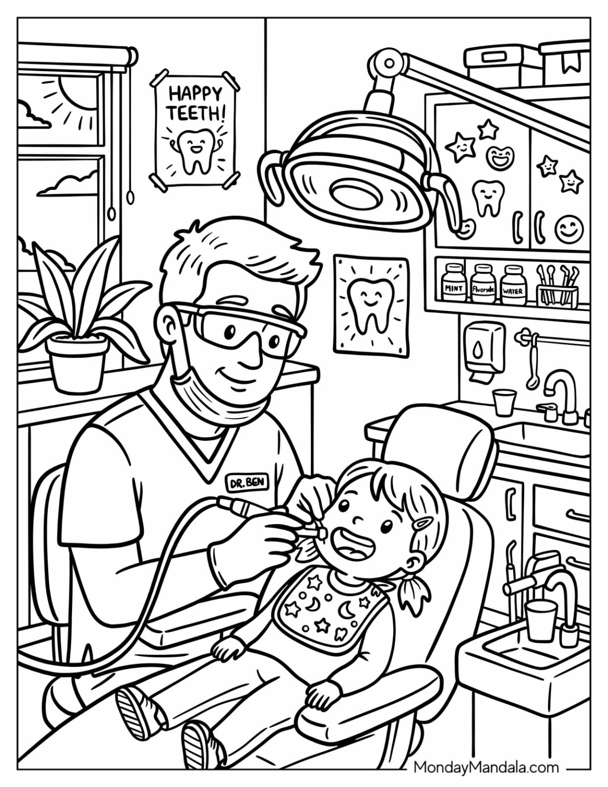 Dentist Examining a Child s Teeth in a Dental Office Coloring Sheet