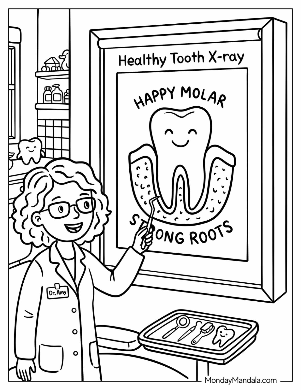 Dentist Explaining a Healthy Tooth X Ray Coloring Page