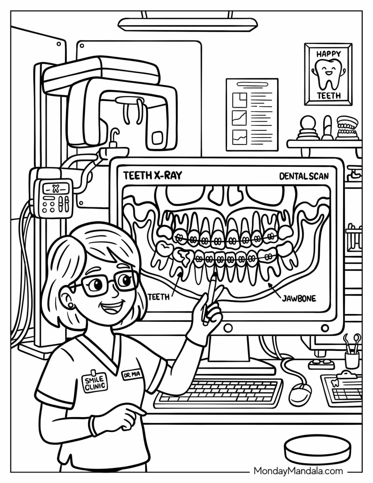 Dentist Explaining a Teeth X Ray and Dental Scan Coloring Page