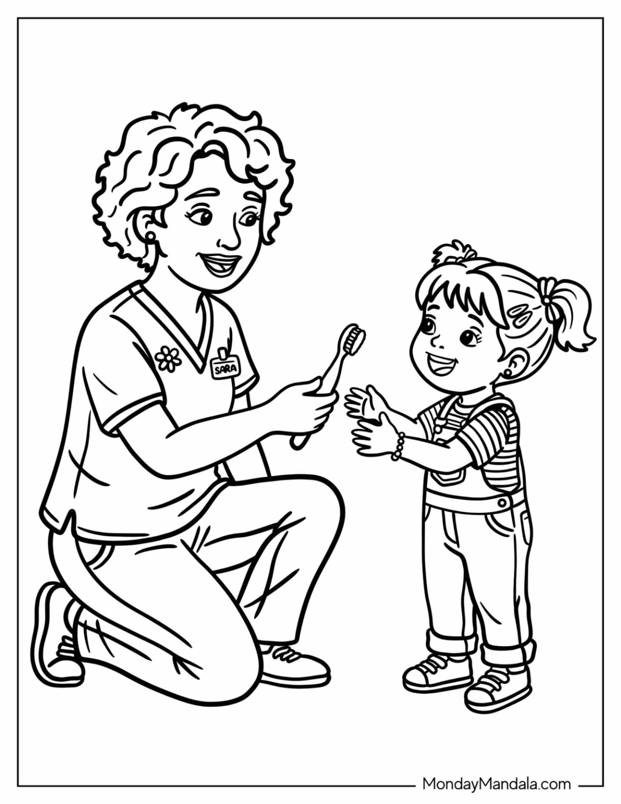 Dentist Giving a Toothbrush to a Little Girl Coloring Page