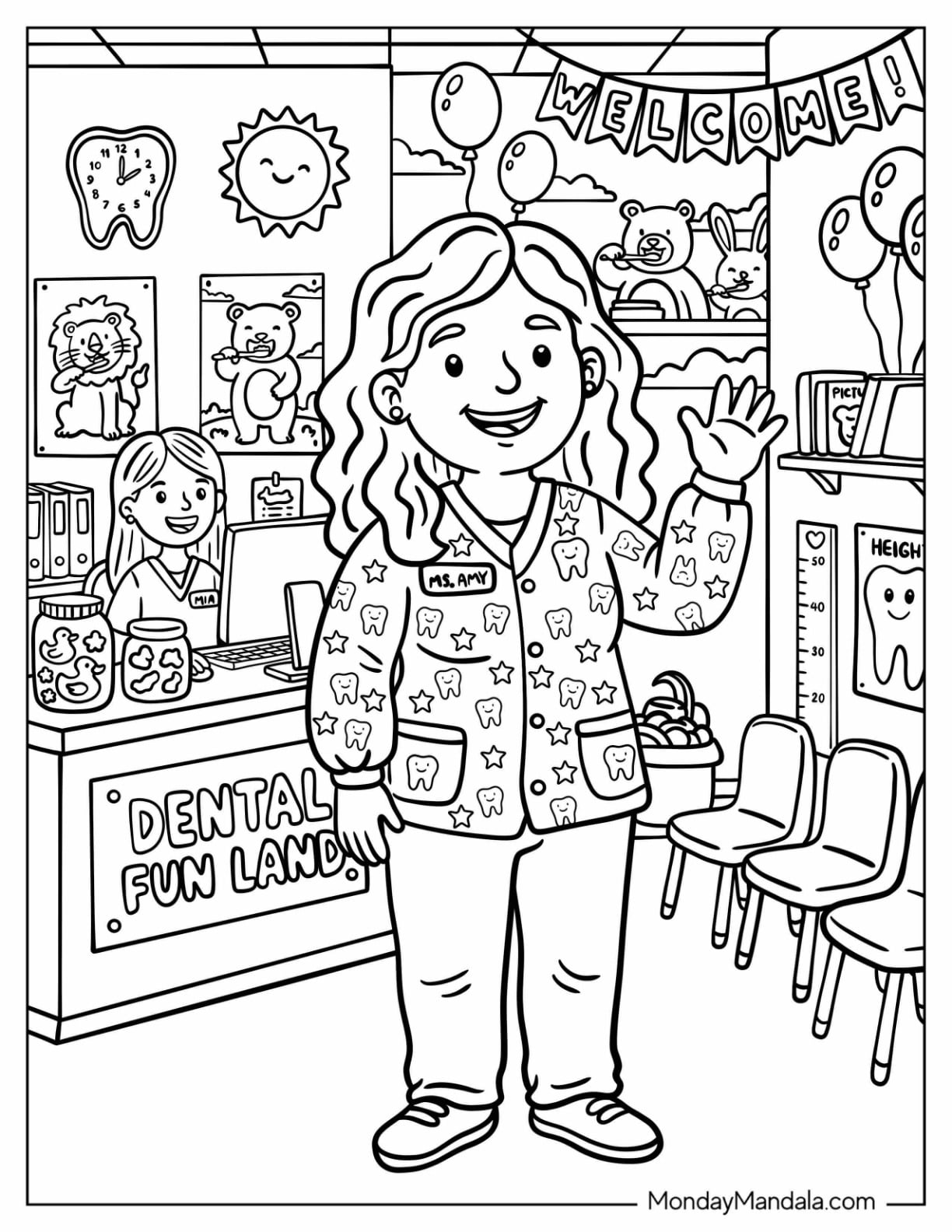Dentist Greeting Children in a Fun Dental Clinic Coloring Page