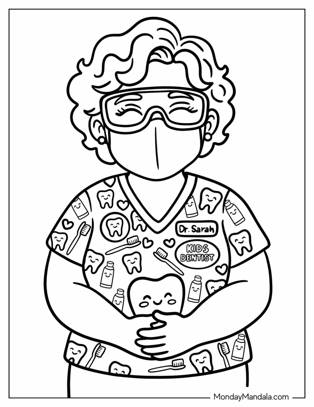 Dentist Holding a Tooth Model and Wearing a Dental Themed Uniform Coloring Page for Kids