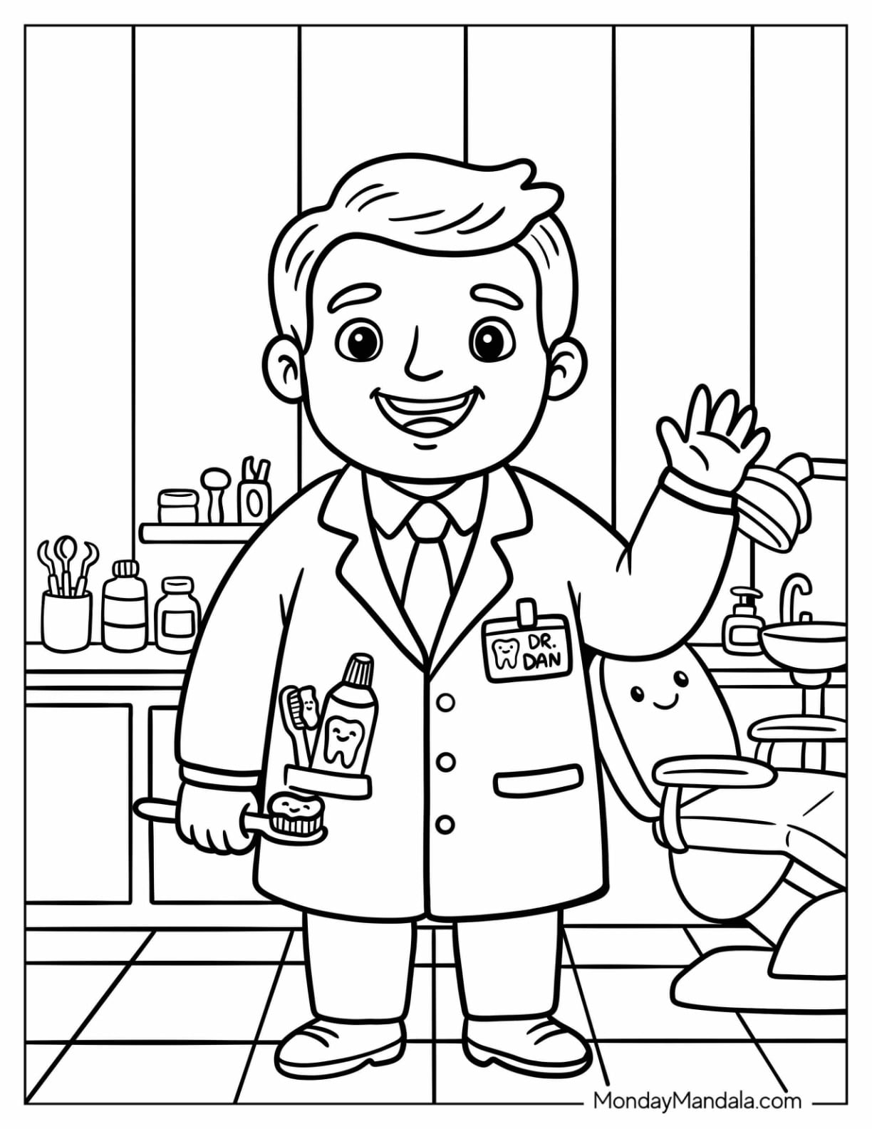 Dentist Holding a Toothbrush and Dental Tools in a Clinic Coloring Page for Kids