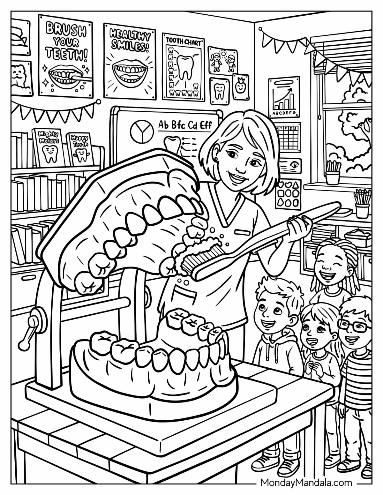 Dentist Teaching Children How to Brush Their Teeth Coloring Page
