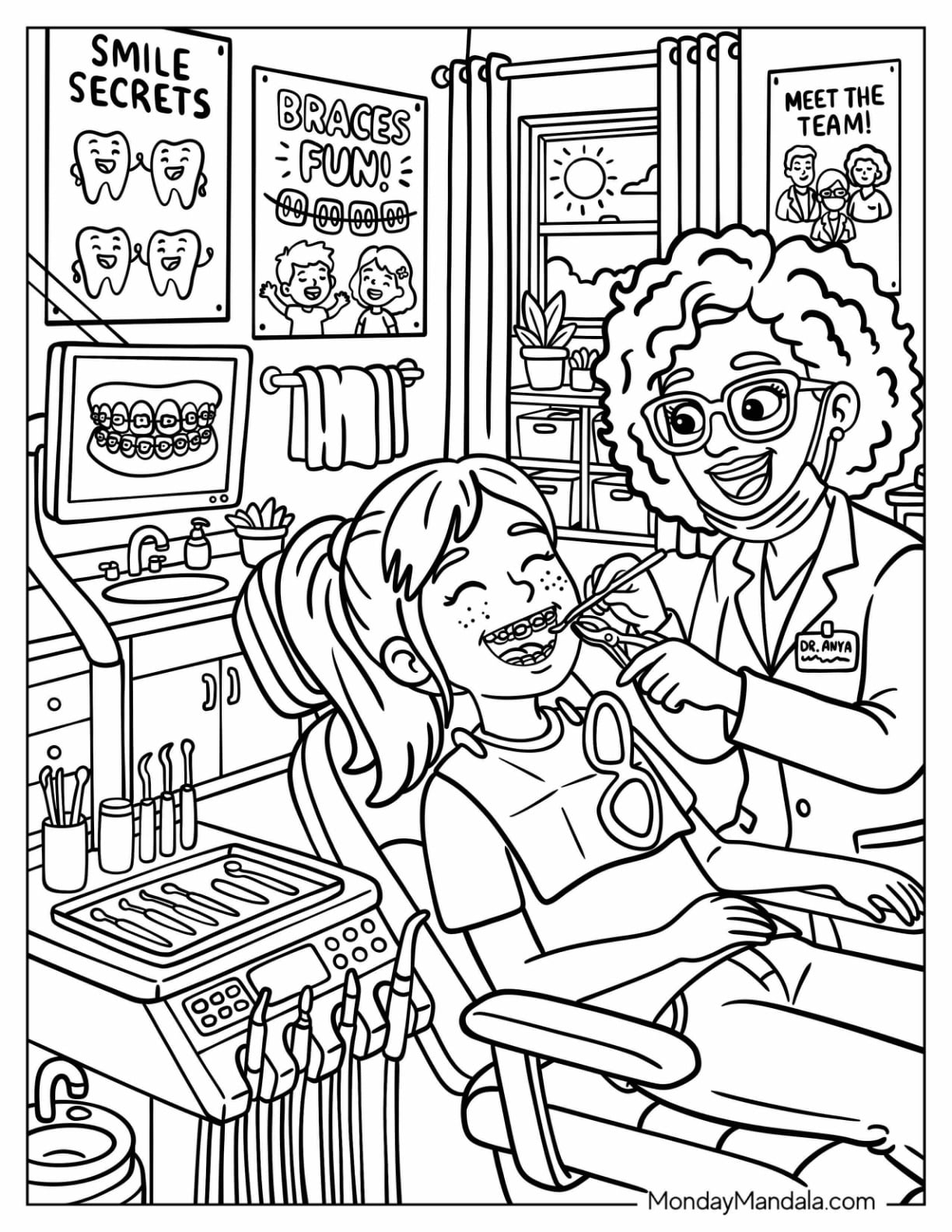 Dentist Treating a Child with Braces in a Dental Office Coloring Page