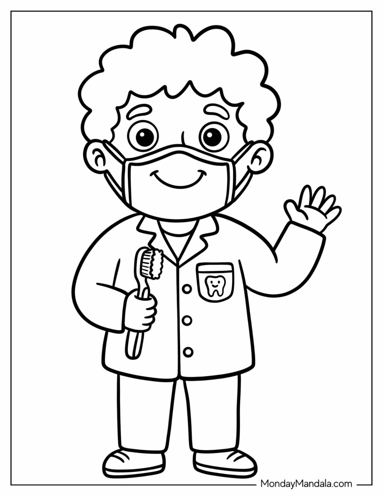 Dentist Wearing a Face Mask and Holding a Toothbrush Coloring Page