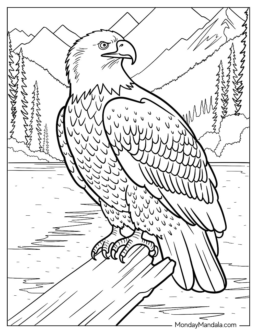 Detailed Bald Eagle Coloring Page Resting in a Forest