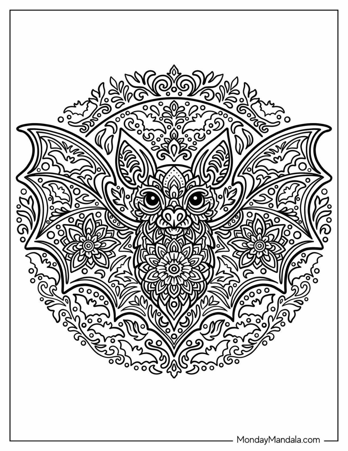 Detailed Bat Coloring Page Mandala with Floral Designs