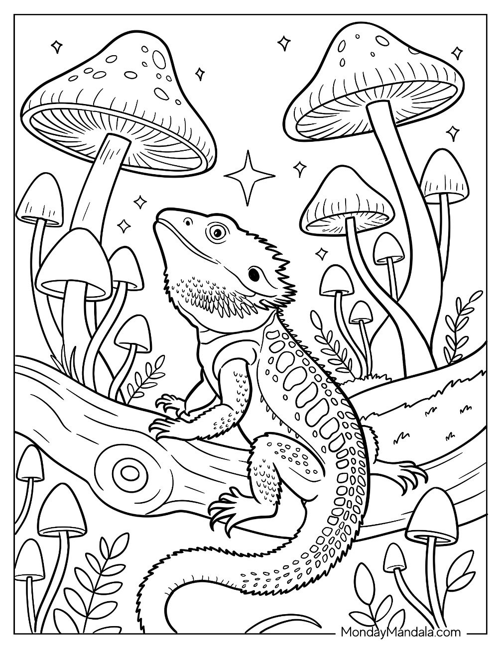 Detailed Bearded Dragon Coloring Page on a Log Surrounded by Mushrooms