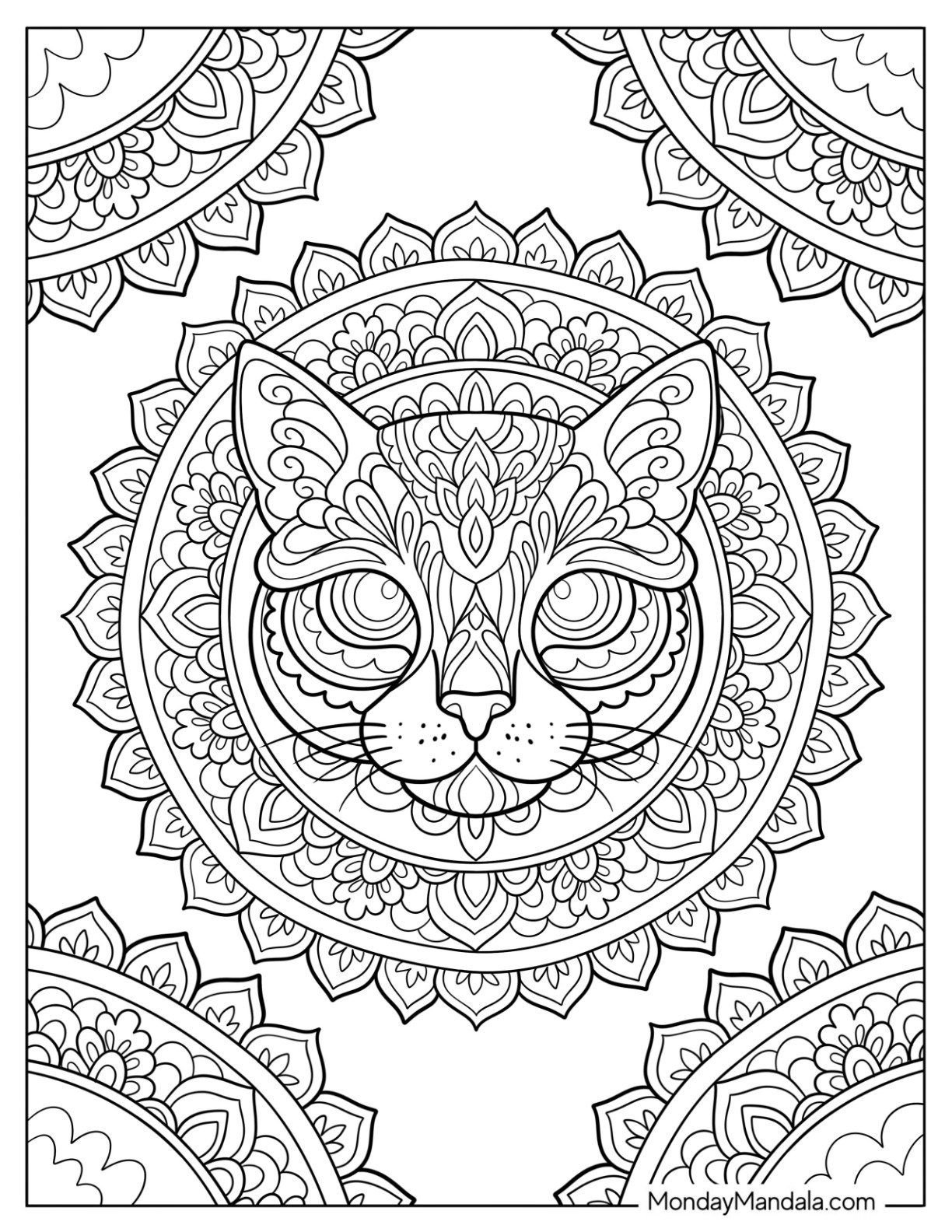 Detailed Cat Mandala with Ornate Patterns for Adults