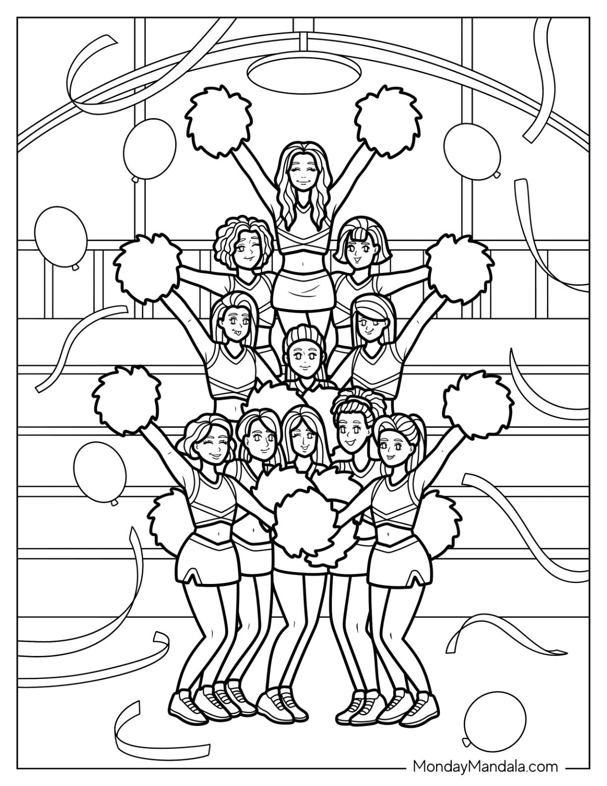 Cheerleading Coloring Page Of Detailed Cheerleader Pyramid with Pom Poms and Confetti