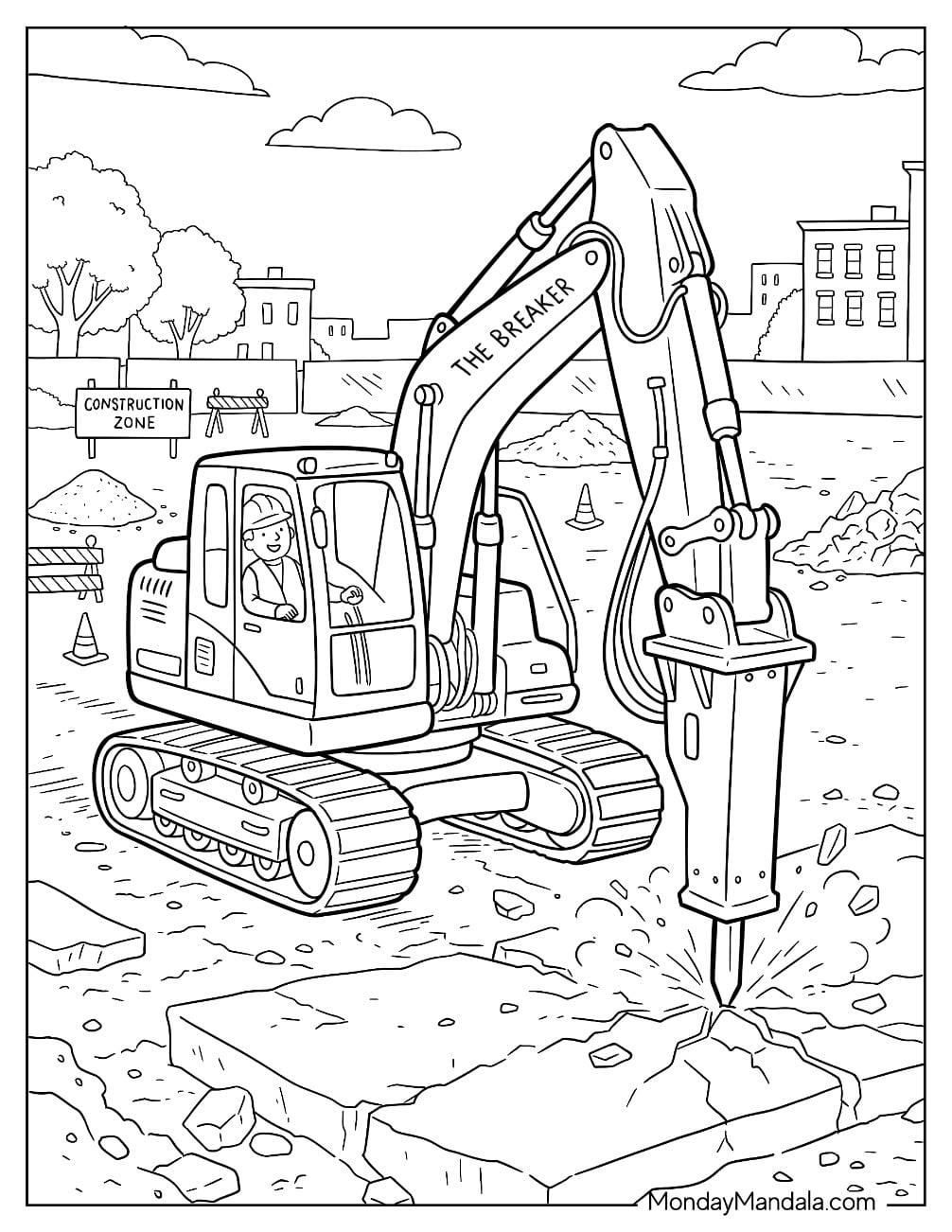 Detailed Excavator with Hydraulic Breaker Attachment at a Construction Site Coloring Page