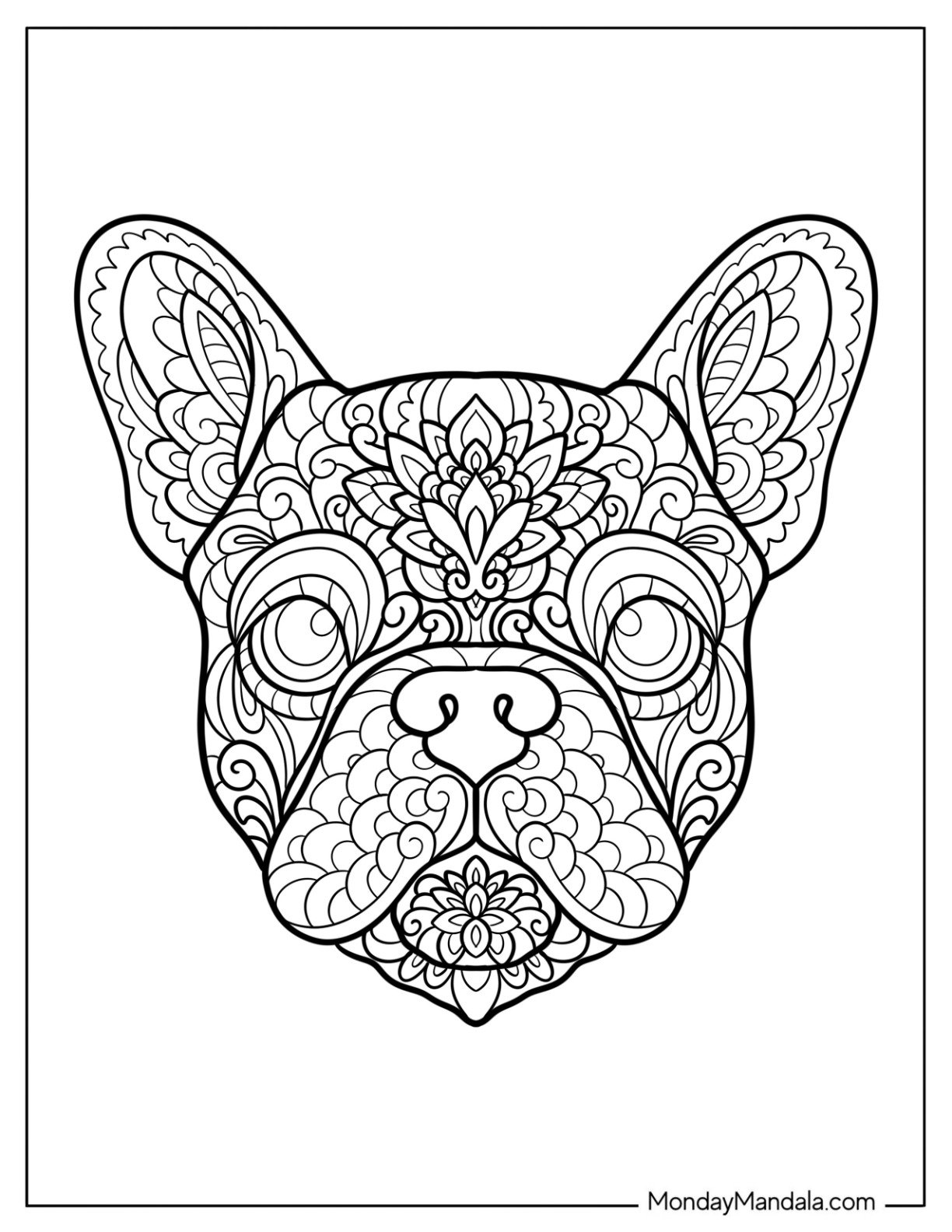 Detailed French Bulldog Coloring Page Mandala with Floral Patterns