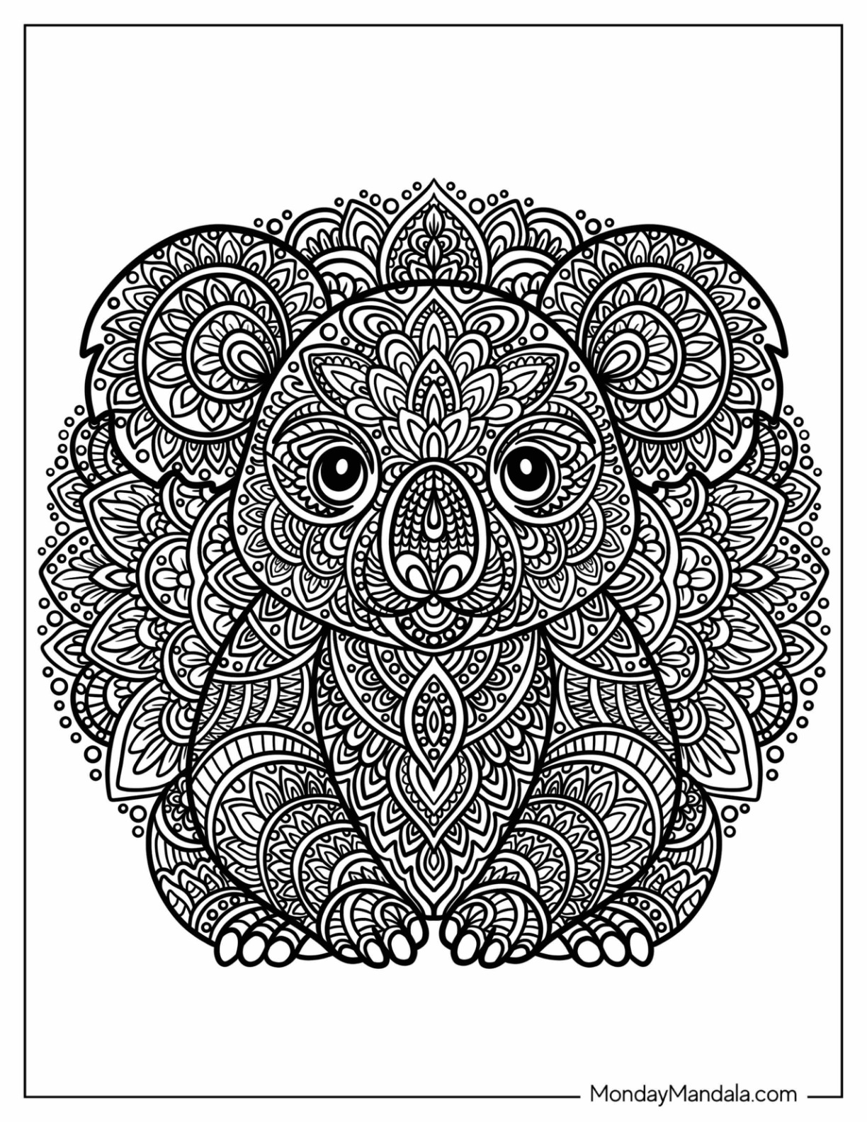 Detailed Koala Coloring Page Mandala with Flower Pattern