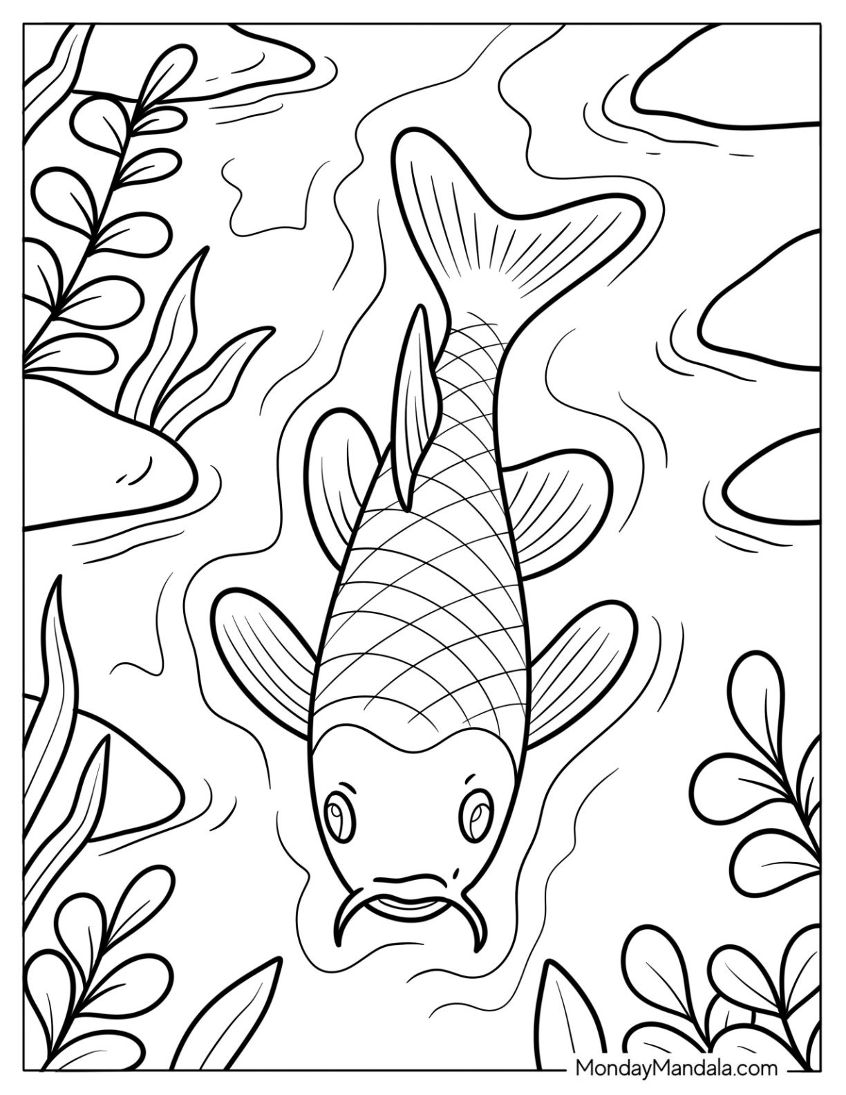 Fish Coloring Page of Detailed Koi in Pond Surrounded by Stones and Plants