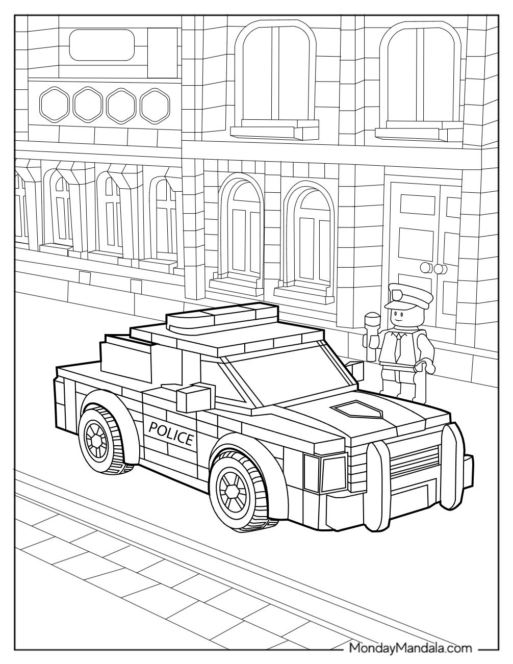 Detailed Lego Police Car Coloring Page Parked In The City