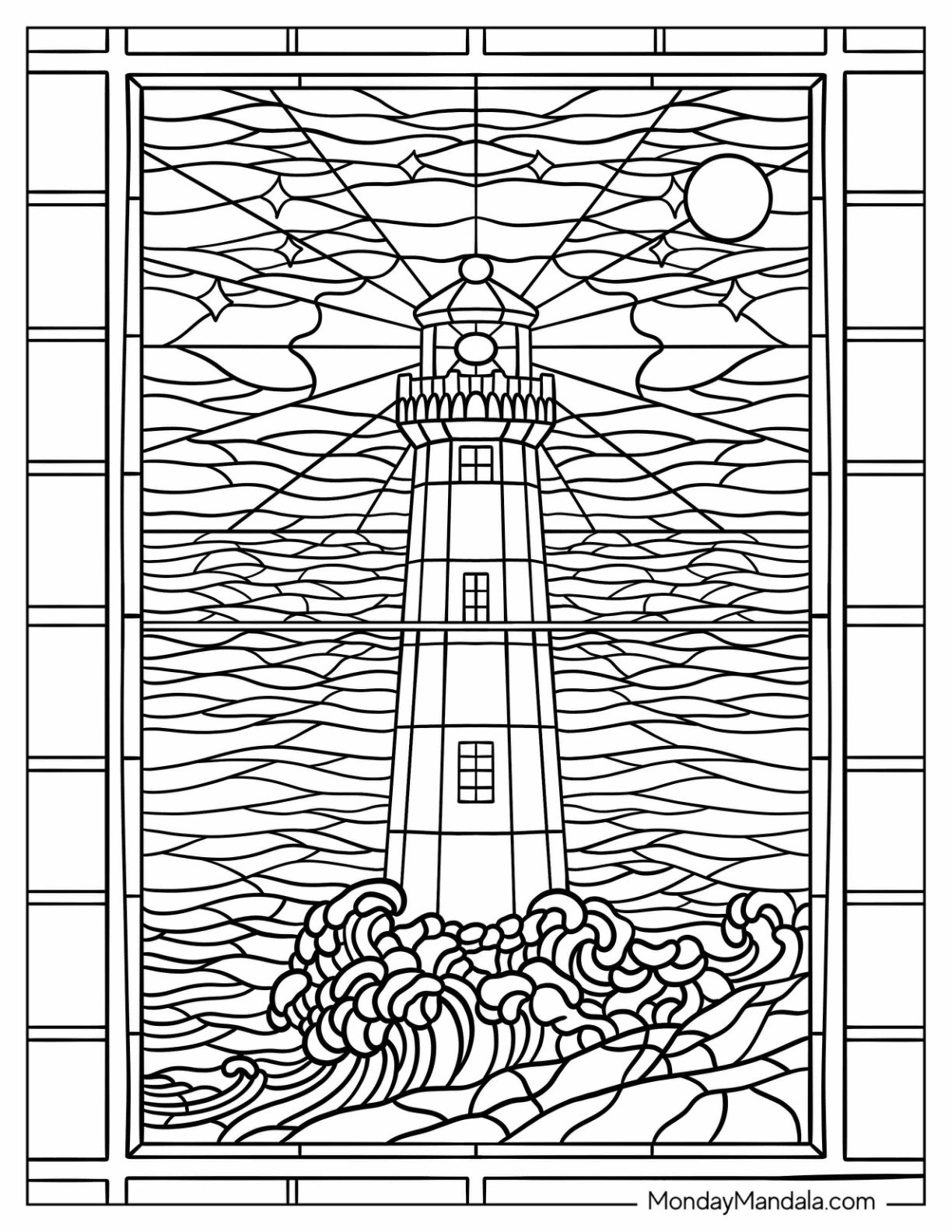 Detailed Lighthouse Coloring Page Stained Glass with Waves, Sparkles, and Moon