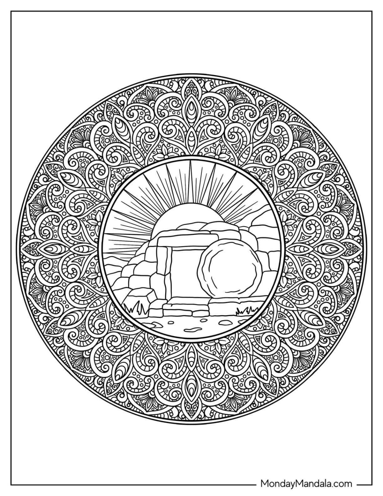 Easter Mandala Coloring Page of Detailed Mandala with Empty Tomb at the Center