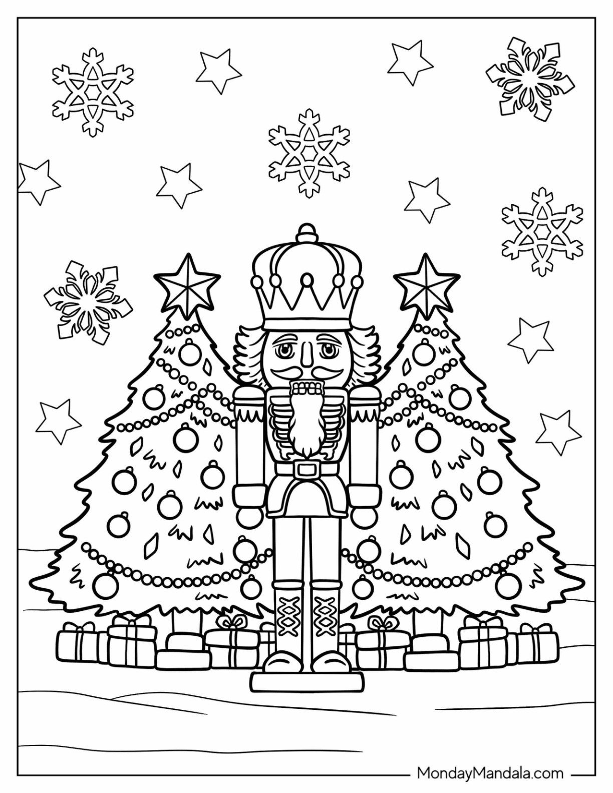 Detailed Nutcracker Coloring Page In Front Of Presents And Christmas Trees
