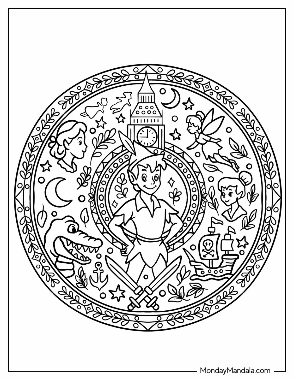 Detailed Peter Pan Coloring Page Mandala with Pirate Ship, Clock Tower, and Crocodile