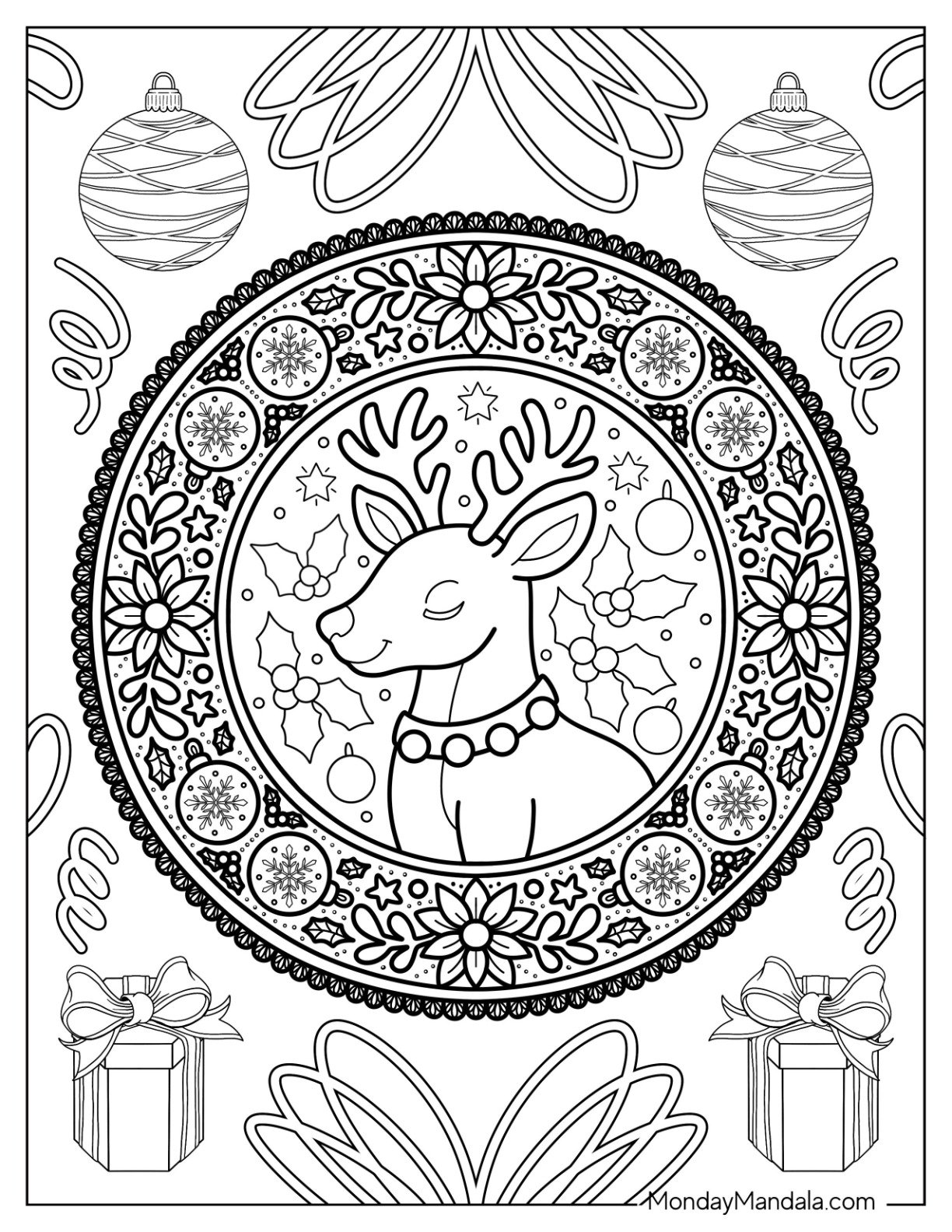 Detailed Reindeer Mandala With Hollies, Baubles, Confetti, and Frills