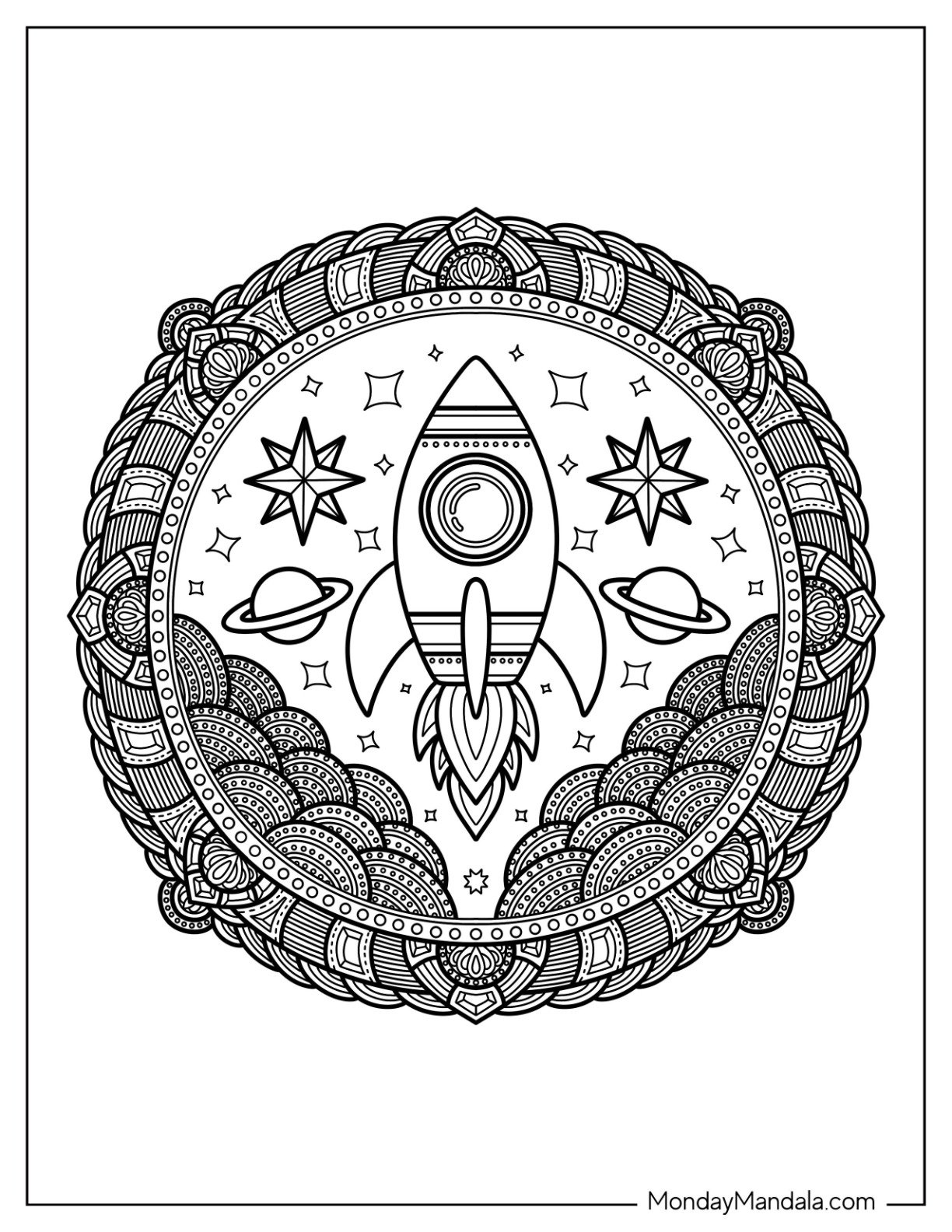 Detailed Rocket Coloring Page Mandala with Clouds and Stars