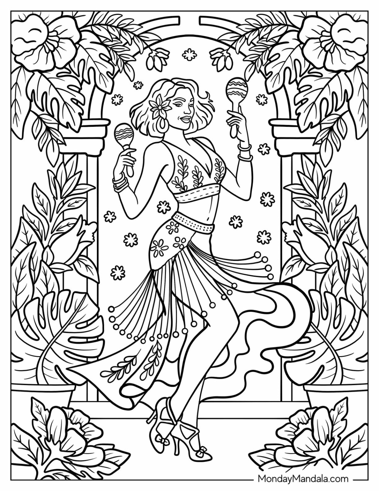 Detailed Salsa Dancer Performing with Maracas in a Tropical Courtyard Dancing Coloring Page