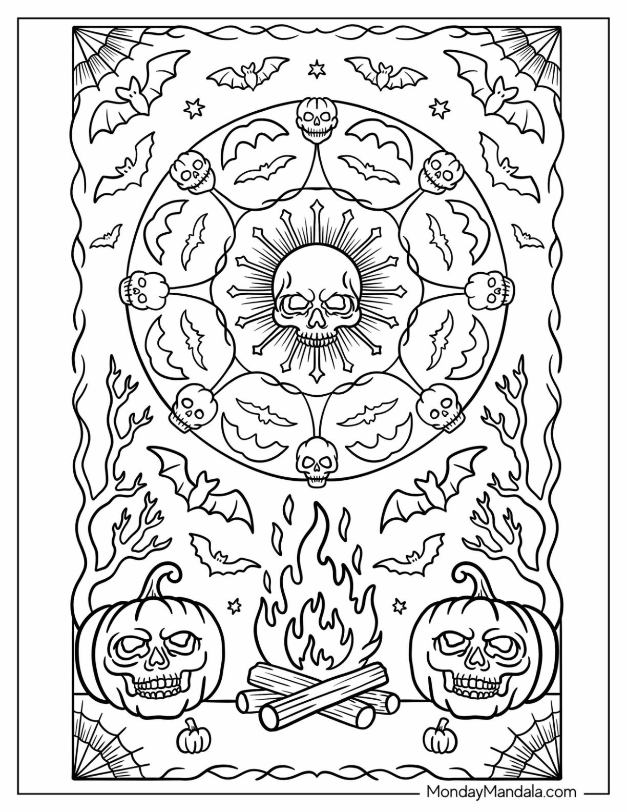 Detailed Skull Pattern with Fire, Bats, and Pumpkin Accents Halloween Coloring Page for Adults