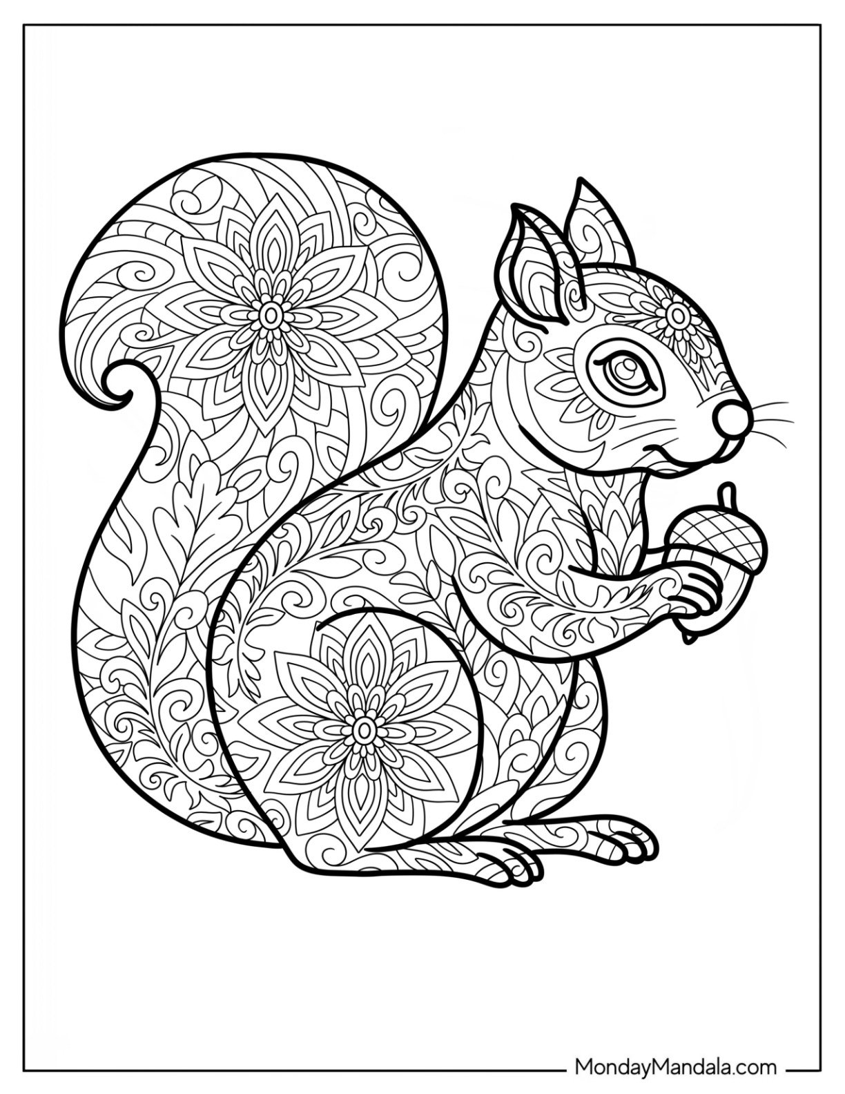 Detailed Squirrel Coloring Page Mandala with Lotus Patterns Holding Acorn