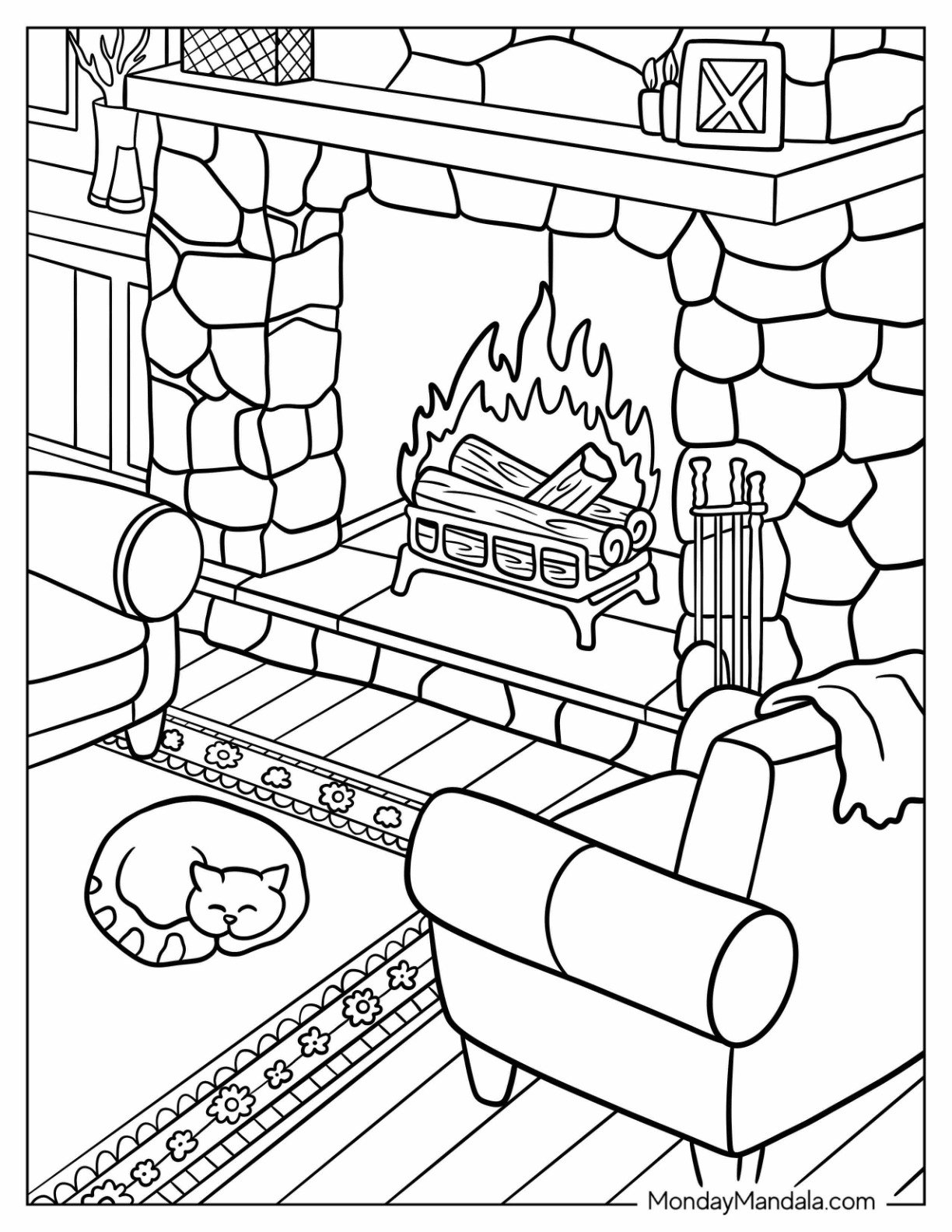 Detailed Stone Fireplace Coloring Page With A Cat Sleeping In Front Of It