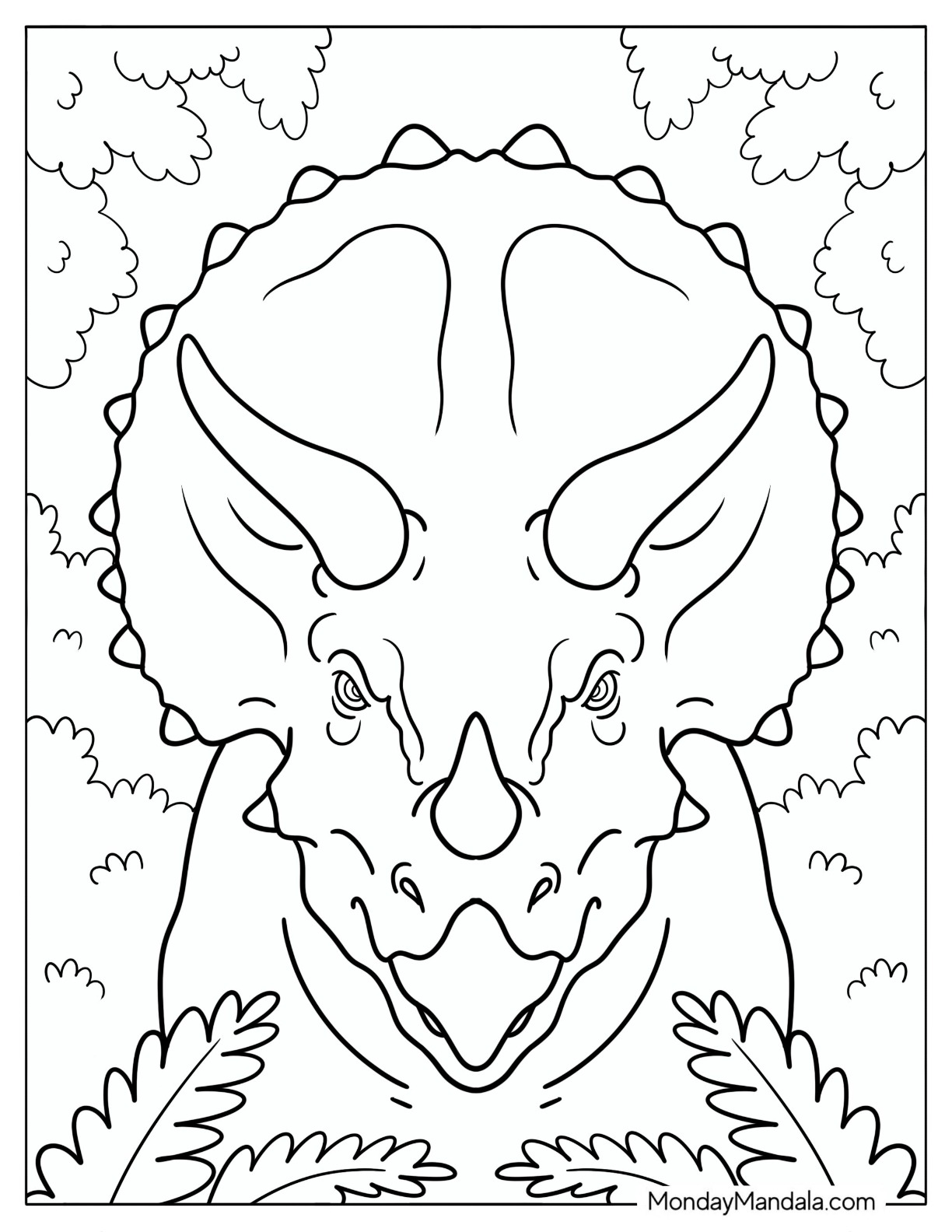 Detailed Triceratops Face Emerging from Ferns