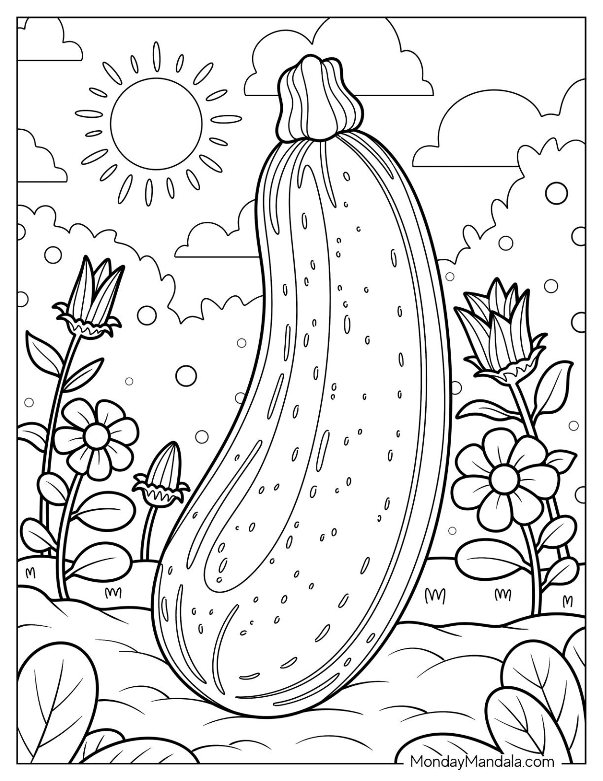 Vegetable Coloring Page of Detailed Zucchini Under the Sun
