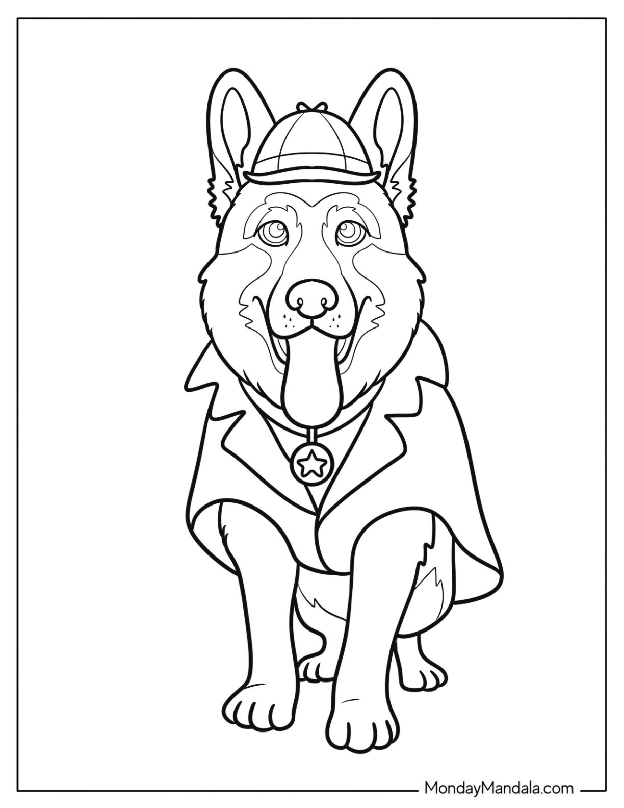 Detective German Shepherd Coloring Page with Coat and Hat