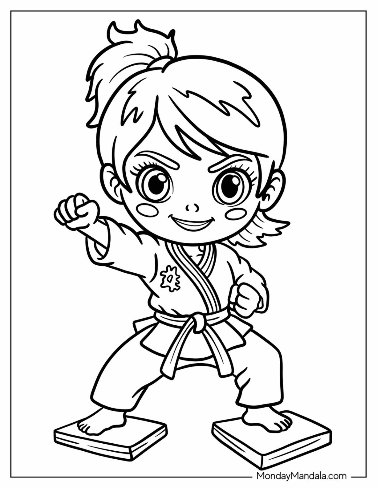 Determined Karate Coloring Page of Kid in Fighting Position on Blocks for Kids