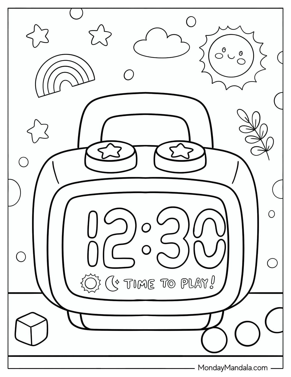 Digital Alarm Clock Showing Playtime Coloring Page for Kids