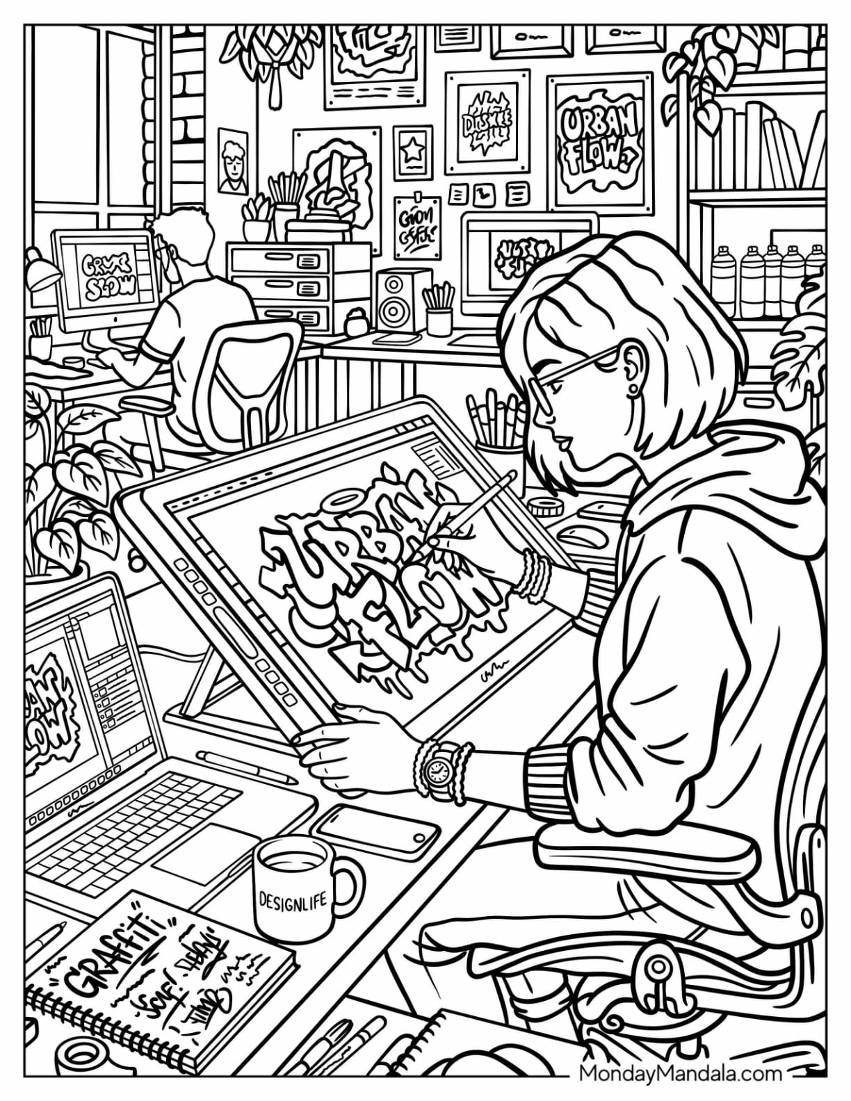 Digital Artist Designing Graffiti Coloring Page