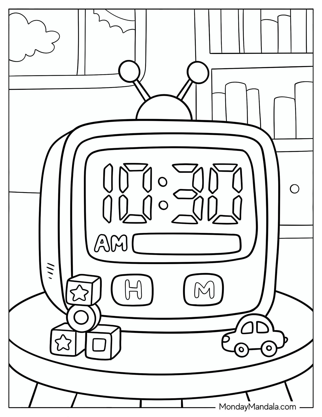 Digital Clock Displaying 10 30 Beside Toy Blocks and a Car