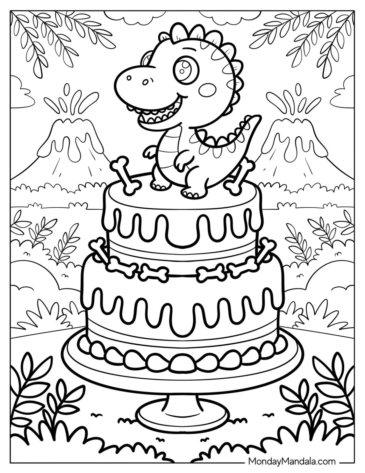 Dinosaur Cake Coloring Page with Bone Designs and Erupting Volcanoes in the Background for Kids