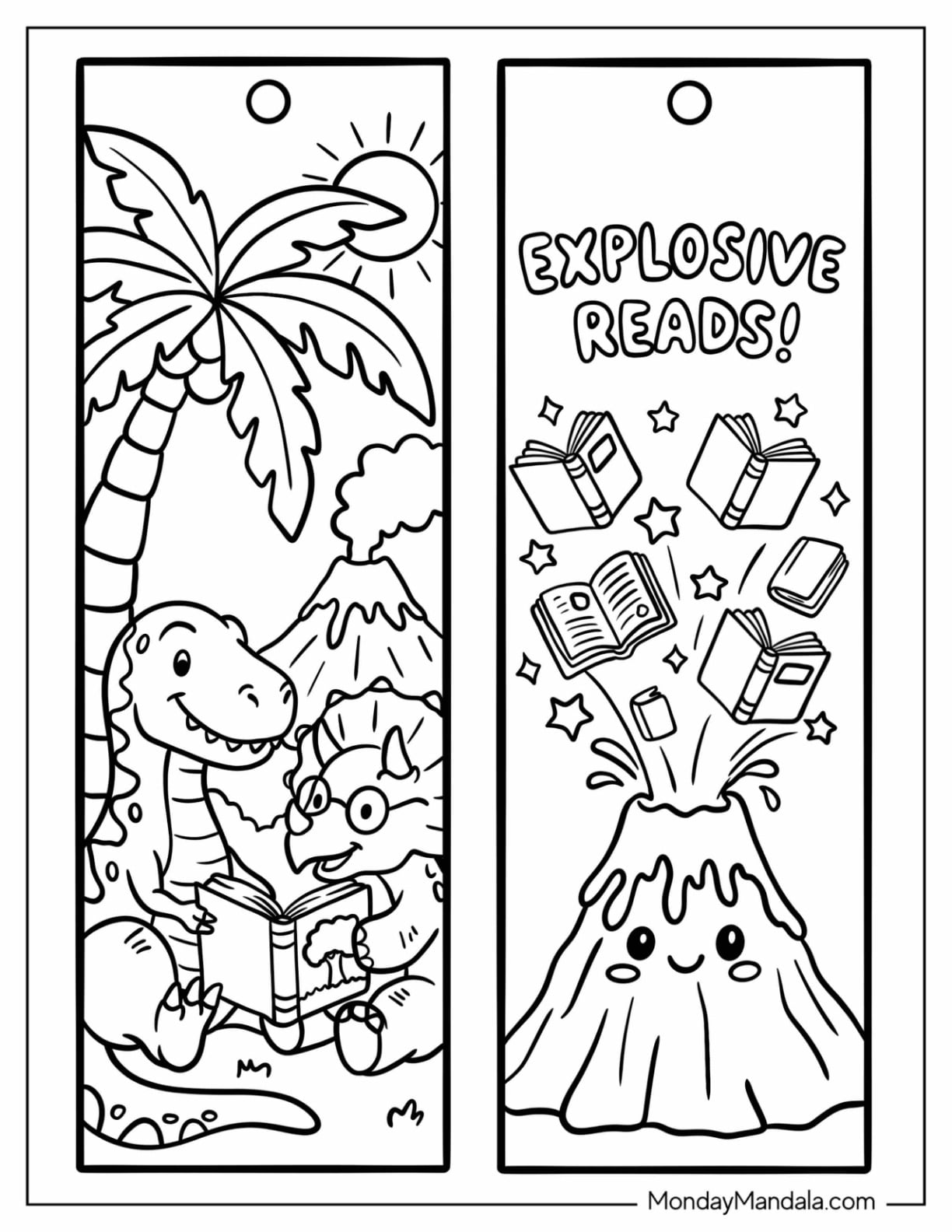 Dinosaurs Reading by a Volcano Explosive Reads Bookmark Coloring Page for Kids
