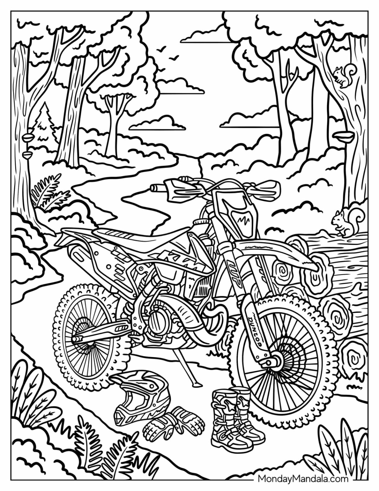 Dirt Bike Parked with Riding Gear on a Forest Trail Coloring Page