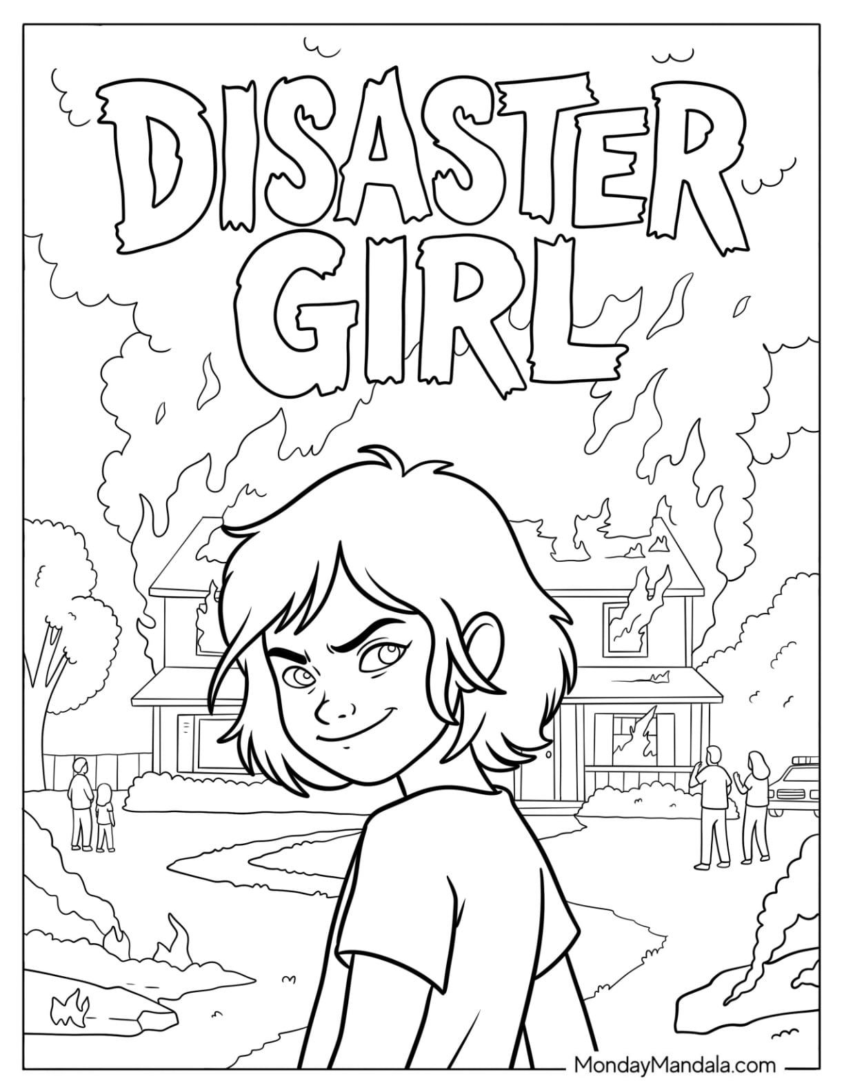 Disaster Girl Smiling in Front of a Burning House Coloring Page