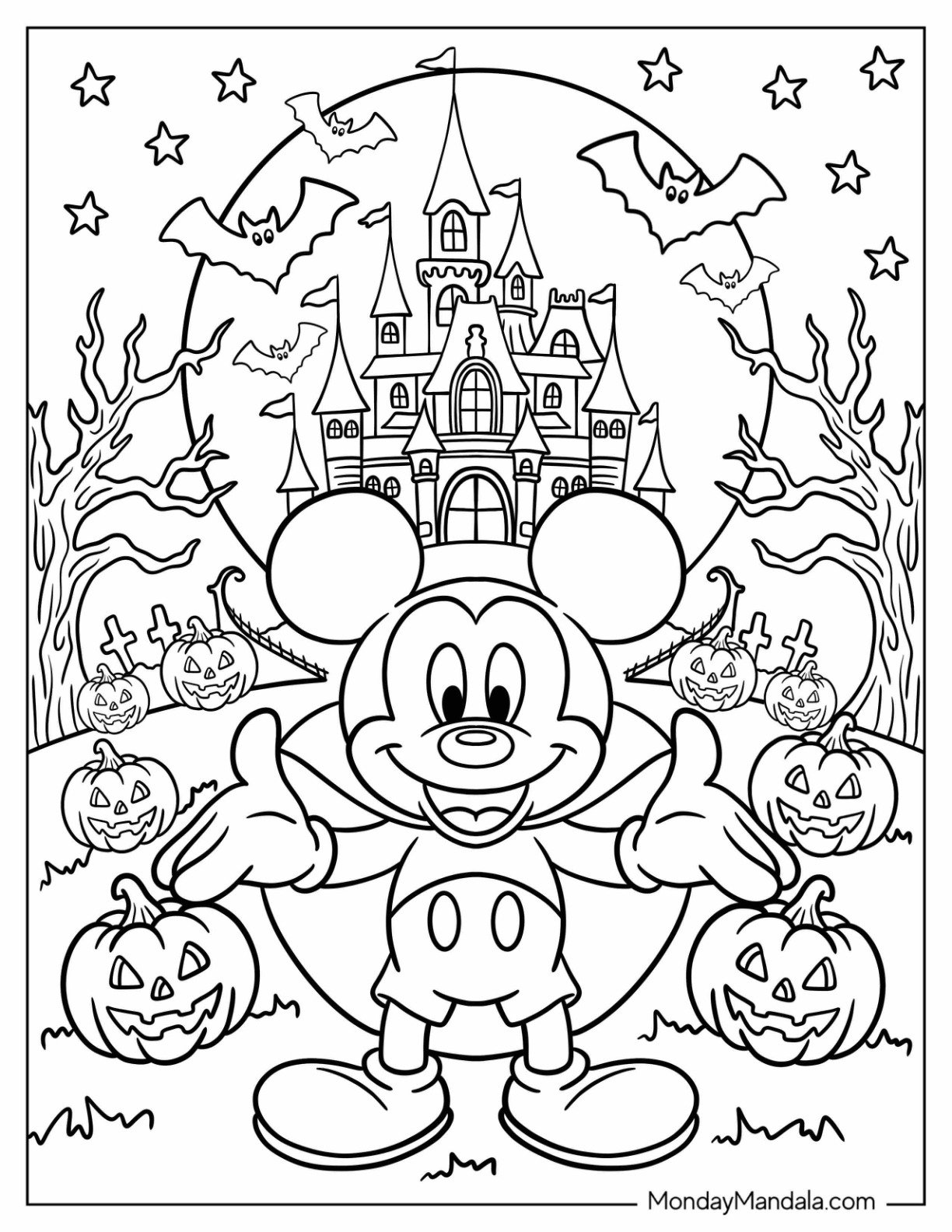 Disney Halloween Coloring Page of Mickey Mouse in Front of Haunted Castle with Jack Lanterns