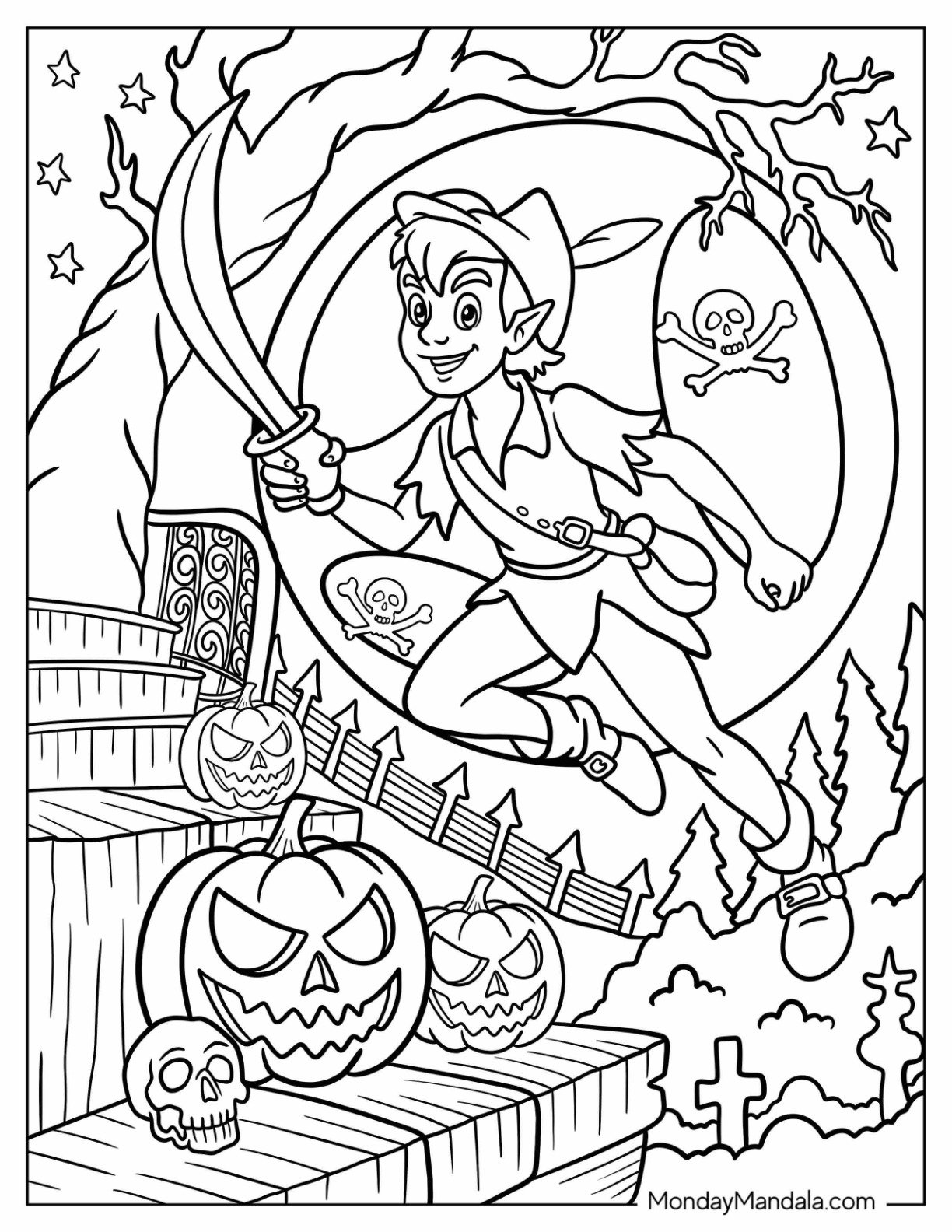 Disney Halloween Coloring Page of Peter Pan Flying with Pirate Sword at Night