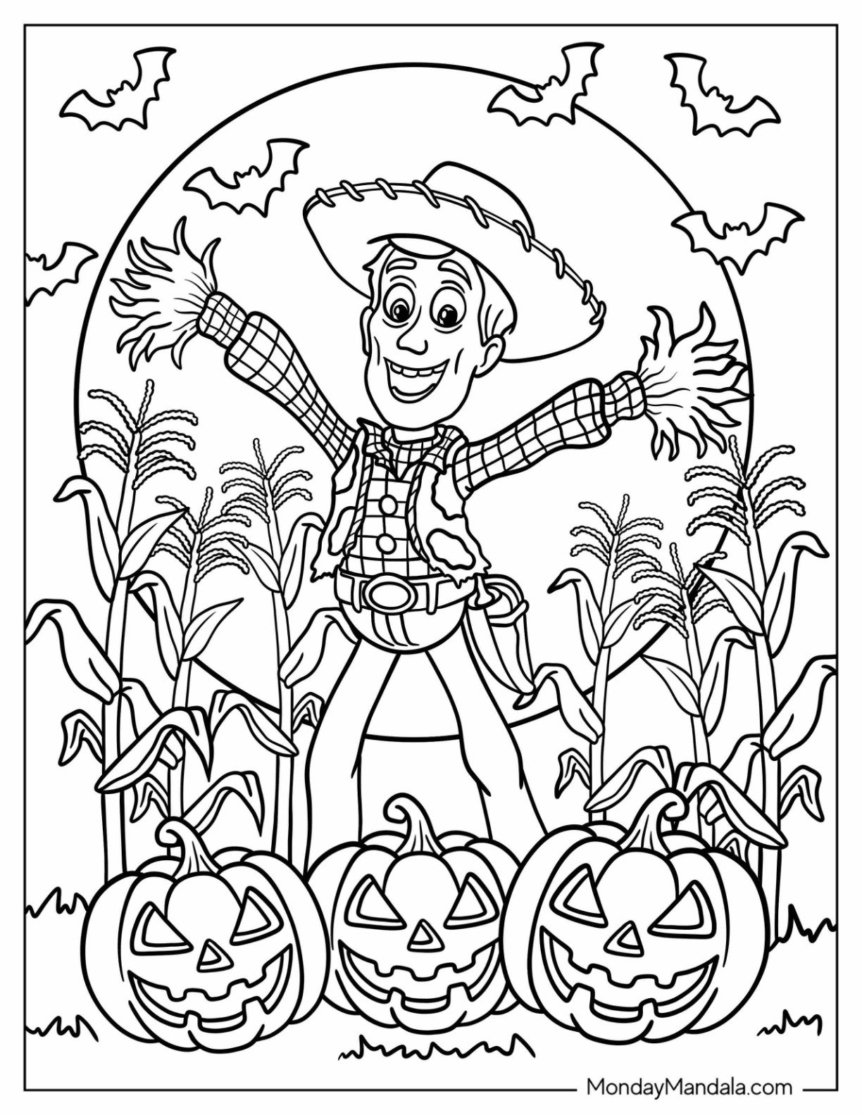 Disney Halloween Coloring Page of Woody in Spooky Farm with Full Moon and Bats