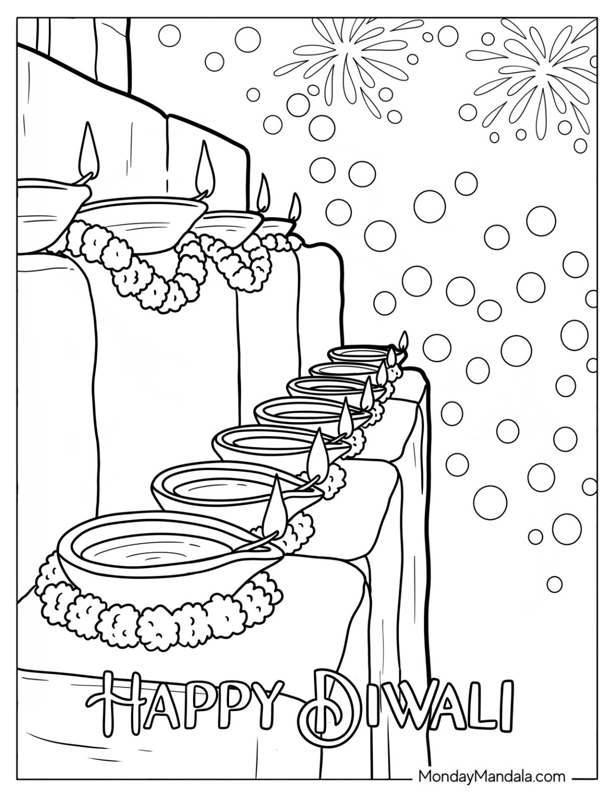 Diwali Coloring Page Diya Lamps Arranged on Steps