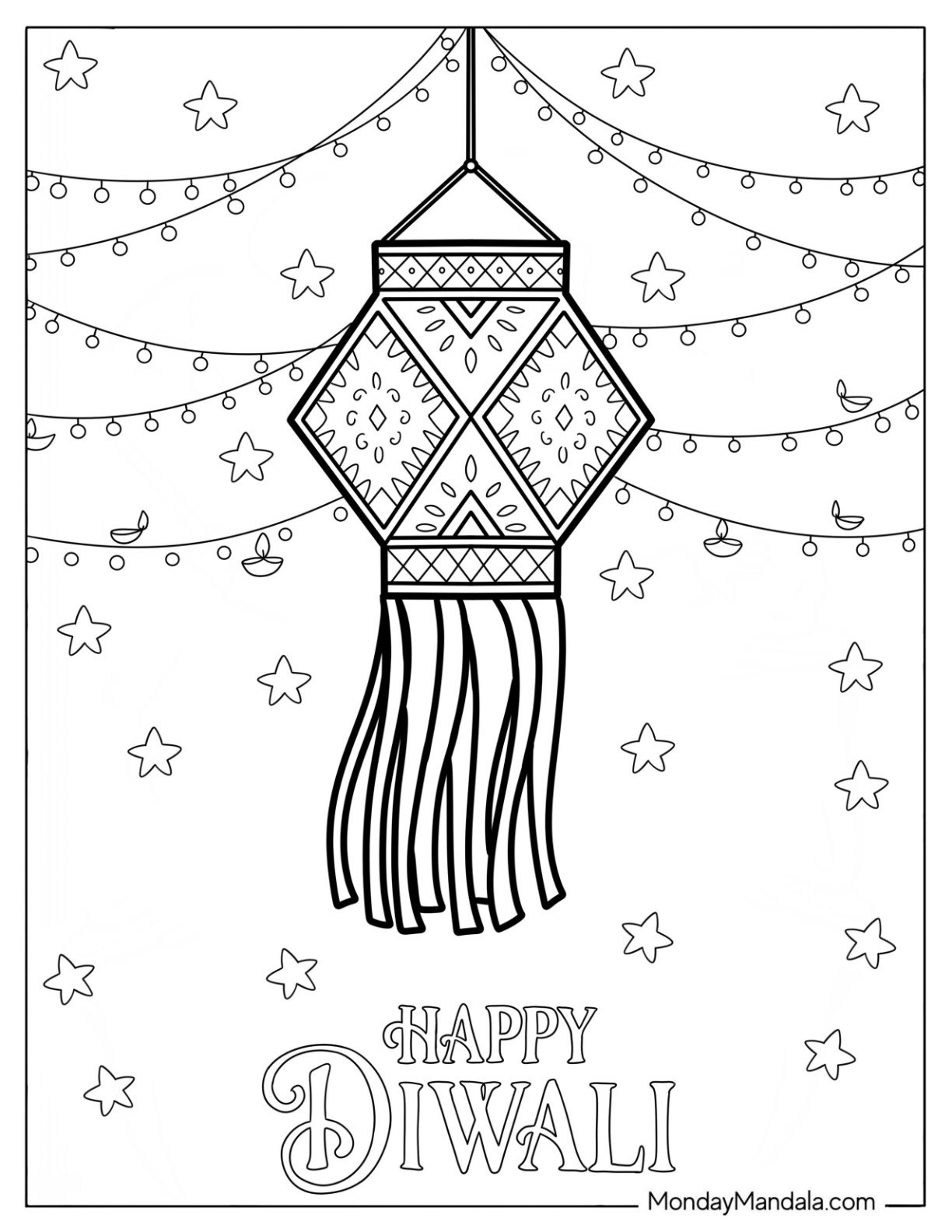 Diwali Coloring Page Lantern with Festive Lights