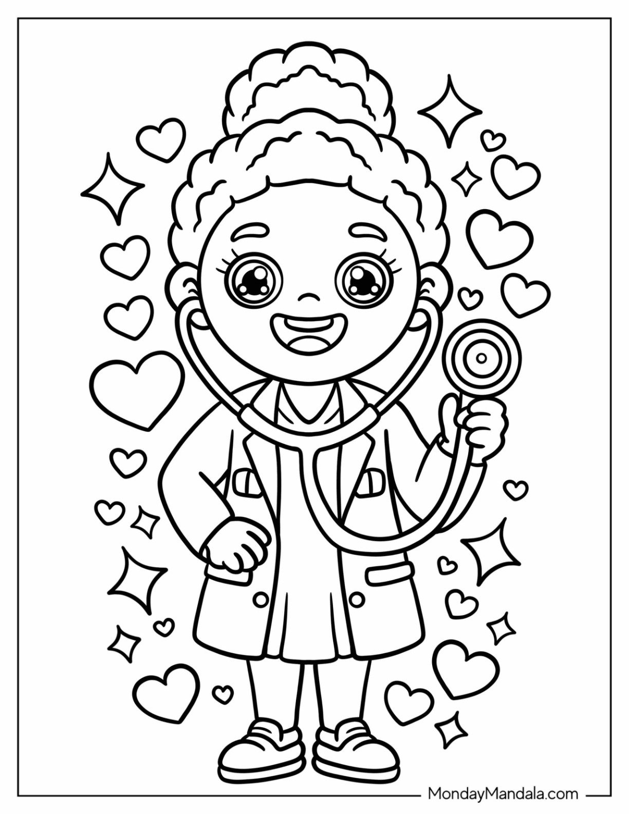 Doctor Black Girl & Boy Coloring Page Holding up a Stethoscope for Kids