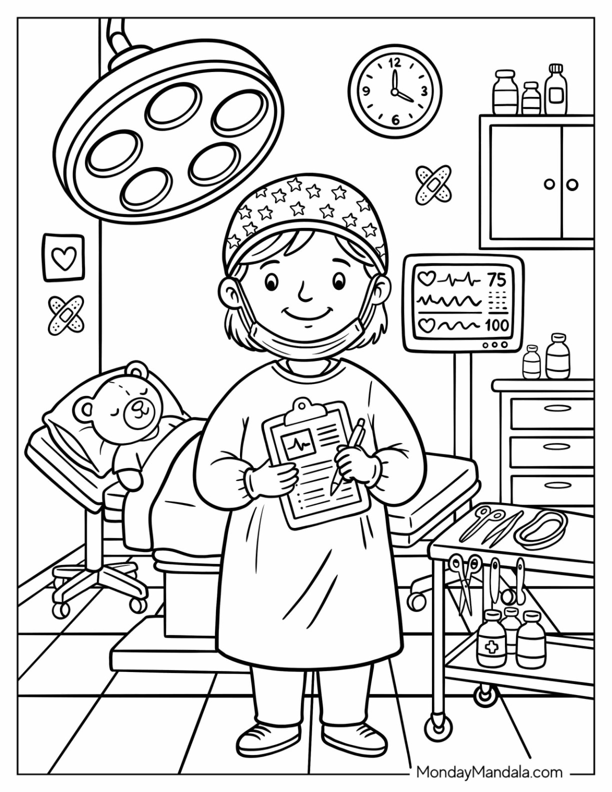 Doctor Preparing to Operate on a Teddy Bear Coloring Page