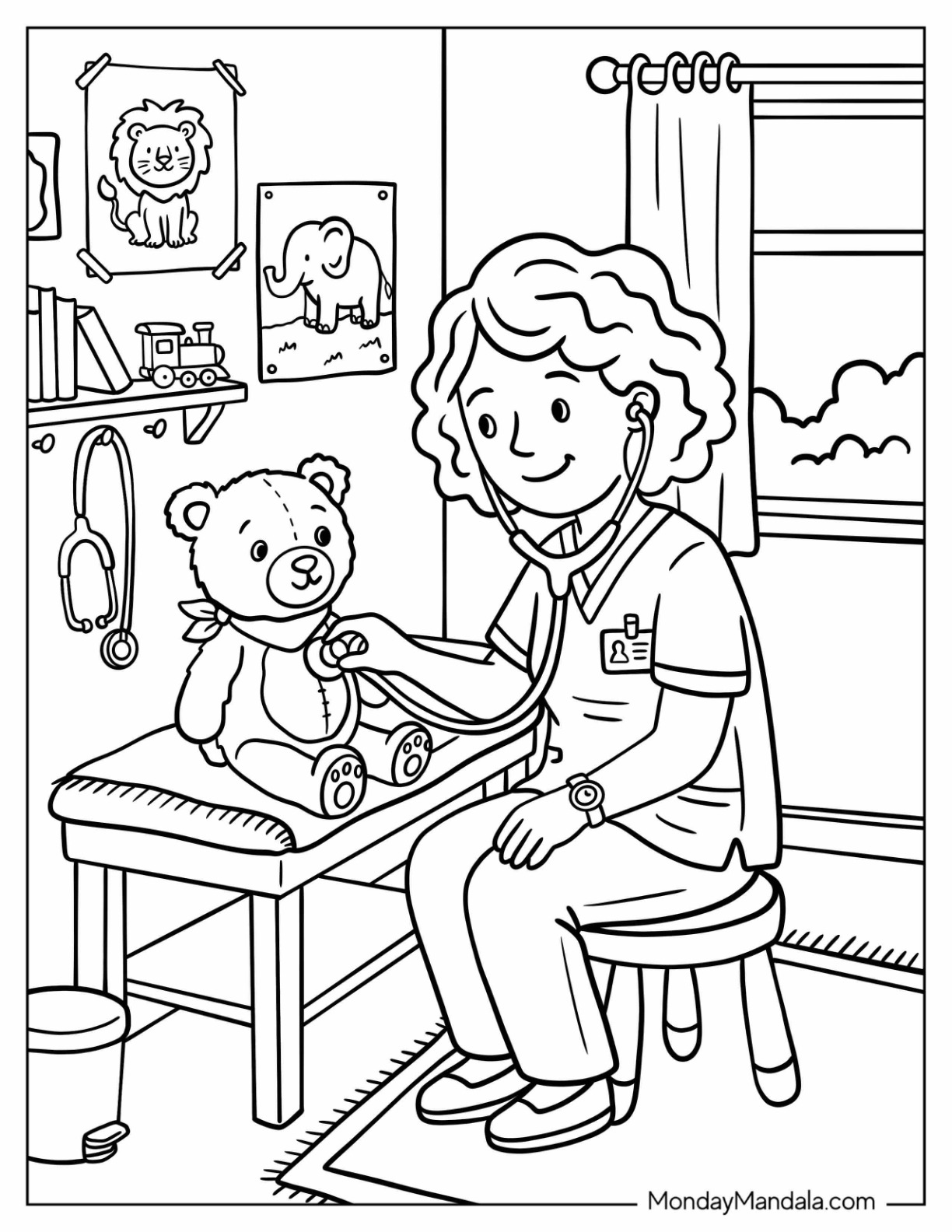 Doctor Using Stethoscope on a Teddy Bear Coloring Page